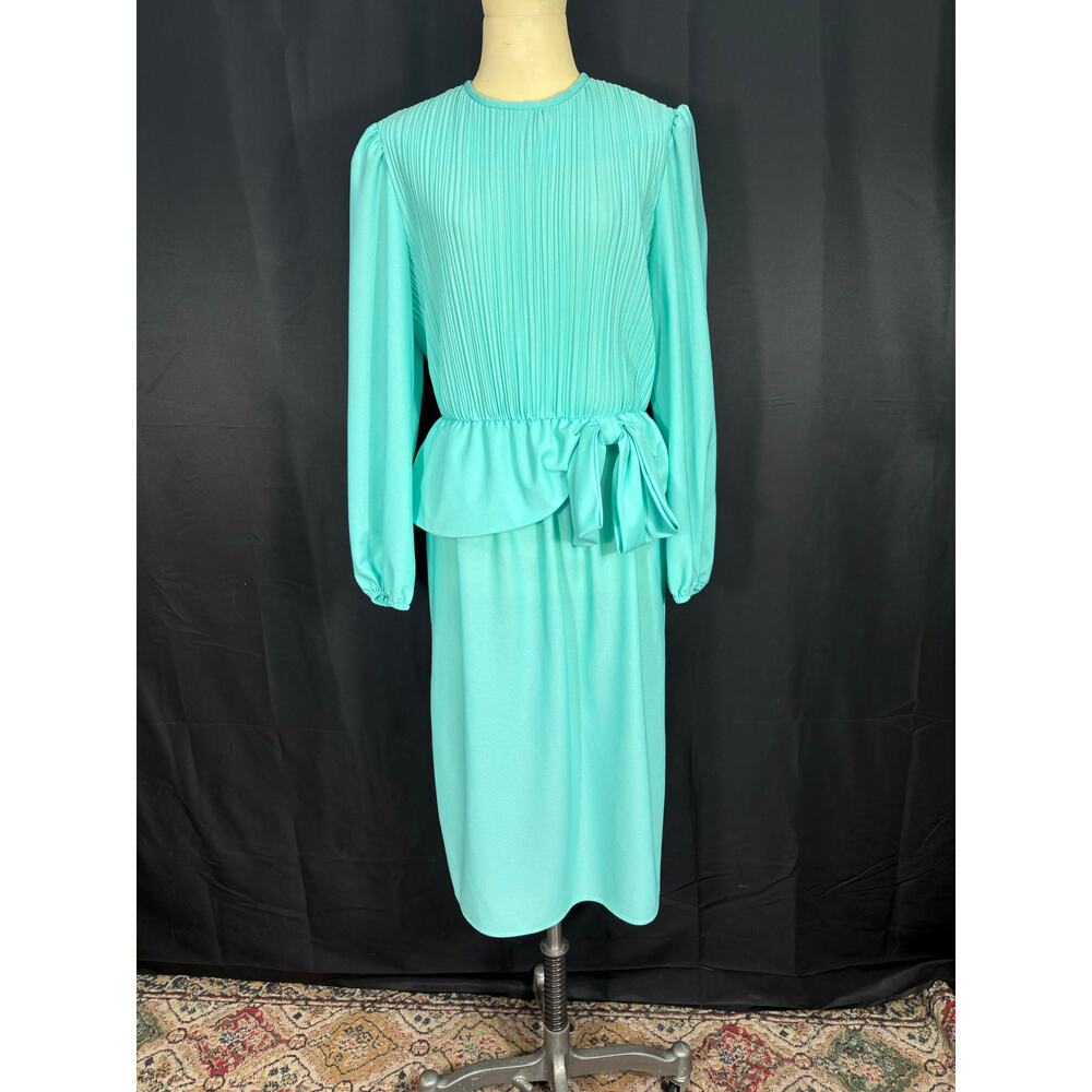 Vintage 80's Boston Maid Chiffon Dress Mint Green Pleated Top Bow Ruffle Waist